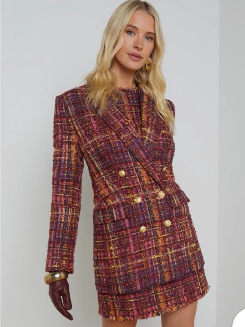 L'AGENCE Multi-Magenta Tweed Double-Breasted Blazer Dress